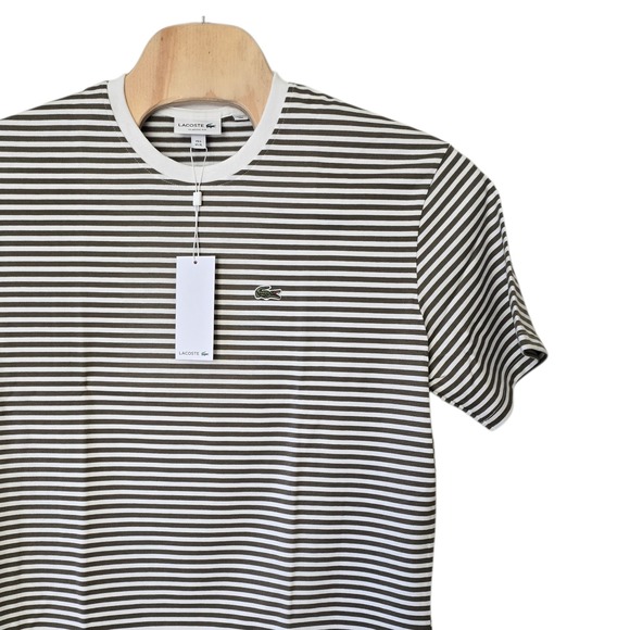 Lacoste Mens Striped T-Shirt Khaki Green White Classic Fit Cotton TH9749 XL New